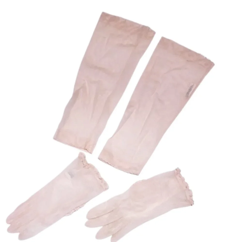 1950s Vintage 2 Piece Peachy Pink Net Gloves With Ruffles Long and Short Style.